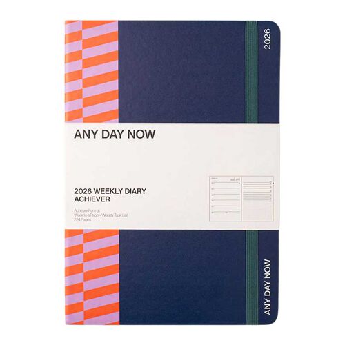 Any Day Now The Weekly Achiever A5 Hard Cover Navy & Tangerine Diary 2026